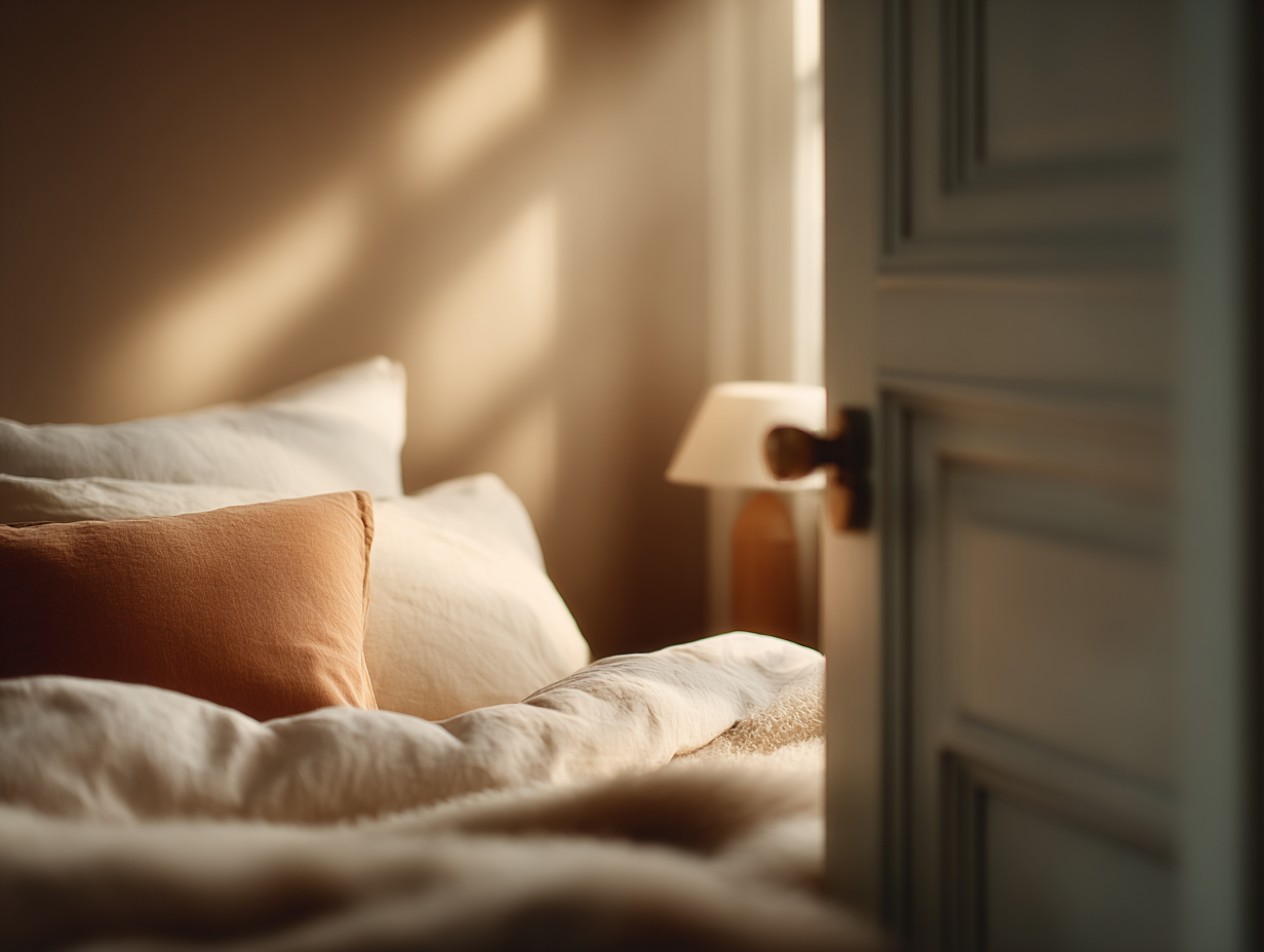 Bed with pillows and blankets in a softly lit room.