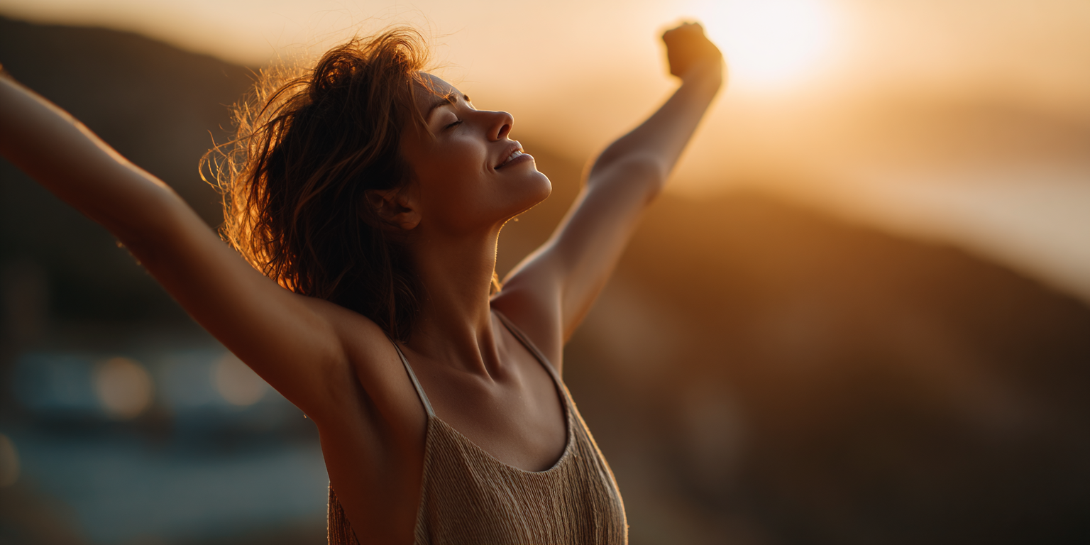 Woman stretching arms toward sunrise showing confidence and empowerment through pleasure